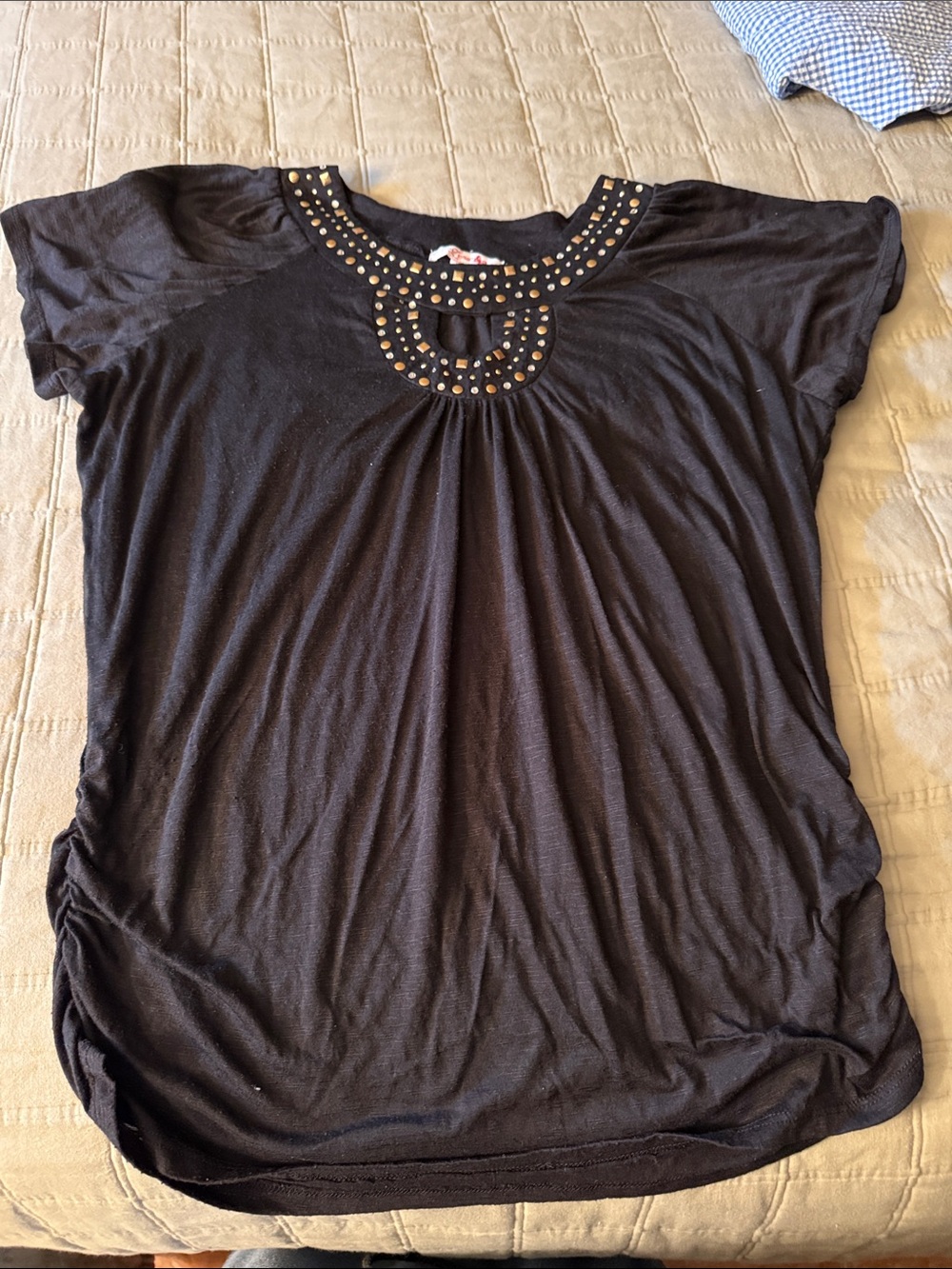 Lena Black Short-Sleeve Top with Gold Stud Neckline